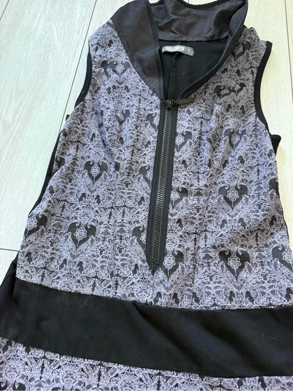 Kollontai dress black purple damask half zip mini flared sleeveless small summer - Picture 5 of 11